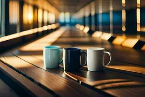 two coffee mugs sitting on a wooden table. AI-Generated photo