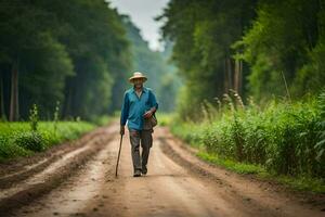 an old man walking down a dirt road. AI-Generated photo