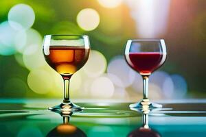 two glasses of wine on a table with a blurred background. AI-Generated photo