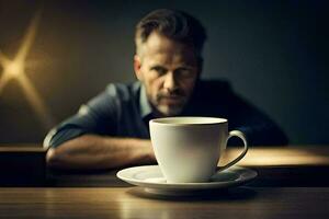 un hombre sentado a un mesa con un taza de café. generado por ai foto