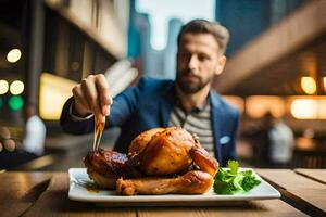 un hombre es comiendo un pollo en un lámina. generado por ai foto