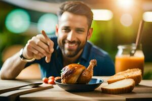 a man is eating a chicken with bread and juice. AI-Generated photo