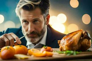 a man in a suit is eating a turkey. AI-Generated photo