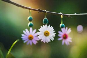 three daisies hanging from a branch. AI-Generated photo