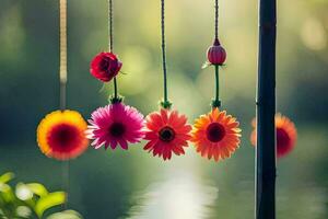 colorful flowers hanging from a string. AI-Generated photo