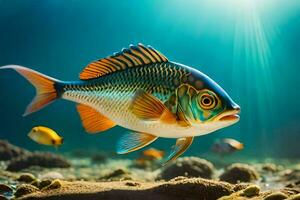 pescado nadando en el Oceano con luz de sol brillante en él. generado por ai foto