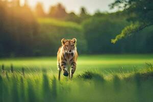 a tiger walking through a grassy field. AI-Generated photo