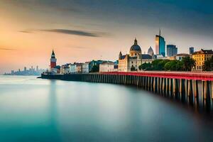 el ciudad horizonte es visto desde el agua. generado por ai foto