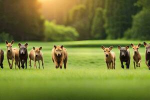 un grupo de salvaje animales corriendo en el césped. generado por ai foto