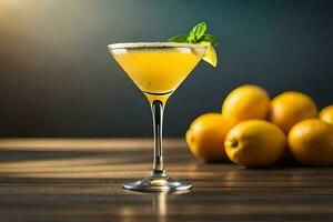 a cocktail with lemon and mint on a wooden table. AI-Generated photo