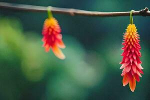 two red flowers hanging from a branch. AI-Generated photo