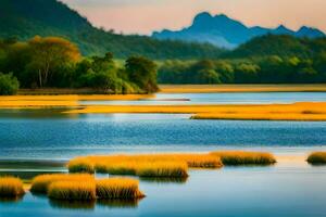 a lake with yellow grass and mountains in the background. AI-Generated photo