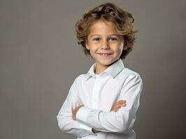 Happy European kid in casual clothing against a neutral background AI Generative photo