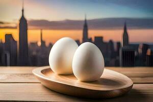 two eggs on a wooden tray in front of a cityscape. AI-Generated photo