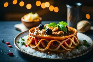 a plate with spaghetti and meat on top of rice. AI-Generated photo