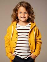Happy European kid in casual clothing against a neutral background AI Generative photo