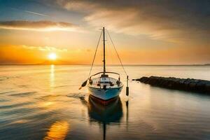 a boat is floating in the water at sunset. AI-Generated photo