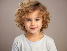 Happy European kid in casual clothing against a neutral background AI Generative photo