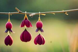three red flowers hanging from a branch. AI-Generated photo