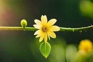 a yellow flower is on a branch with green leaves. AI-Generated photo