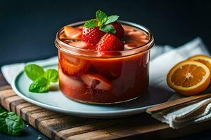 un vaso tarro con fresas y naranja rebanadas generado por ai foto