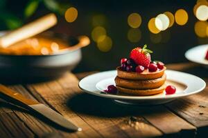 pancakes with berries and syrup on a wooden table. AI-Generated photo