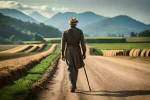 a man in a hat and coat walking down a dirt road. AI-Generated photo