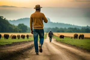 un hombre caminando abajo un suciedad la carretera con vacas en el antecedentes. generado por ai foto