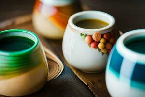 cuatro diferente de colores tazas con diferente colores de líquido. generado por ai foto