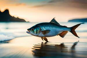 a fish is walking on the beach at sunset. AI-Generated photo