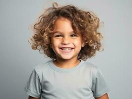 Happy European kid in casual clothing against a neutral background AI Generative photo