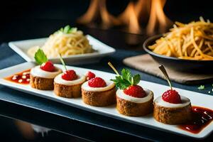 a plate with mini desserts and a fire. AI-Generated photo