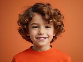 Happy European kid in casual clothing against a neutral background AI Generative photo