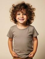 Happy European kid in casual clothing against a neutral background AI Generative photo