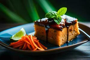a piece of cake with carrots and mint on a plate. AI-Generated photo