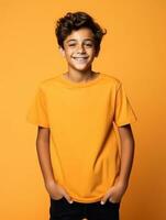 Happy European kid in casual clothing against a neutral background AI Generative photo