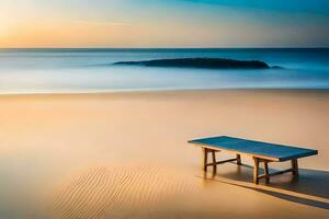 un banco se sienta en el playa a puesta de sol. generado por ai foto