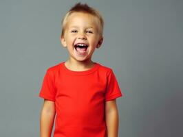 Happy European kid in casual clothing against a neutral background AI Generative photo