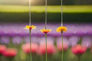 three flowers hanging from a string in front of a field of flowers. AI-Generated photo