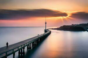 a long exposure photograph of a pier at sunset. AI-Generated photo