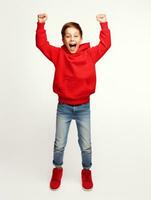 Happy European kid in casual clothing against a neutral background AI Generative photo