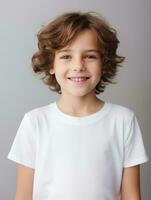 Happy European kid in casual clothing against a neutral background AI Generative photo