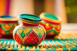 colorful pottery on a table with colorful designs. AI-Generated photo