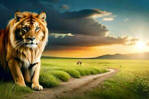 the lion is walking on the road in the middle of the field. AI-Generated photo