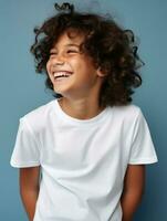 Happy European kid in casual clothing against a neutral background AI Generative photo