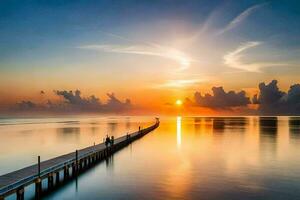 a pier in the ocean at sunset. AI-Generated photo