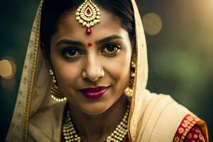 a woman wearing traditional indian jewelry. AI-Generated photo