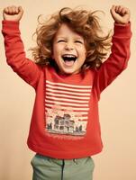 Happy European kid in casual clothing against a neutral background AI Generative photo