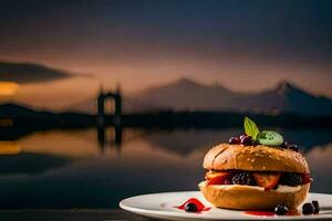 a burger with berries and a view of the mountains. AI-Generated photo
