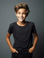 Happy European kid in casual clothing against a neutral background AI Generative photo
